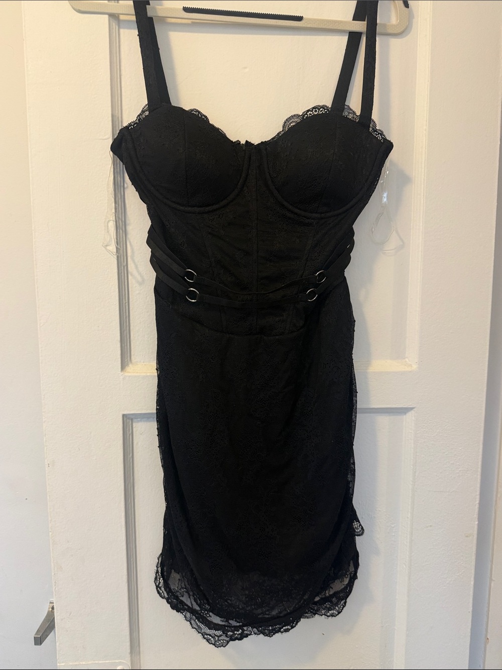 Fashion Nova Black Lace Bustier Midi Dress with Strap Detail